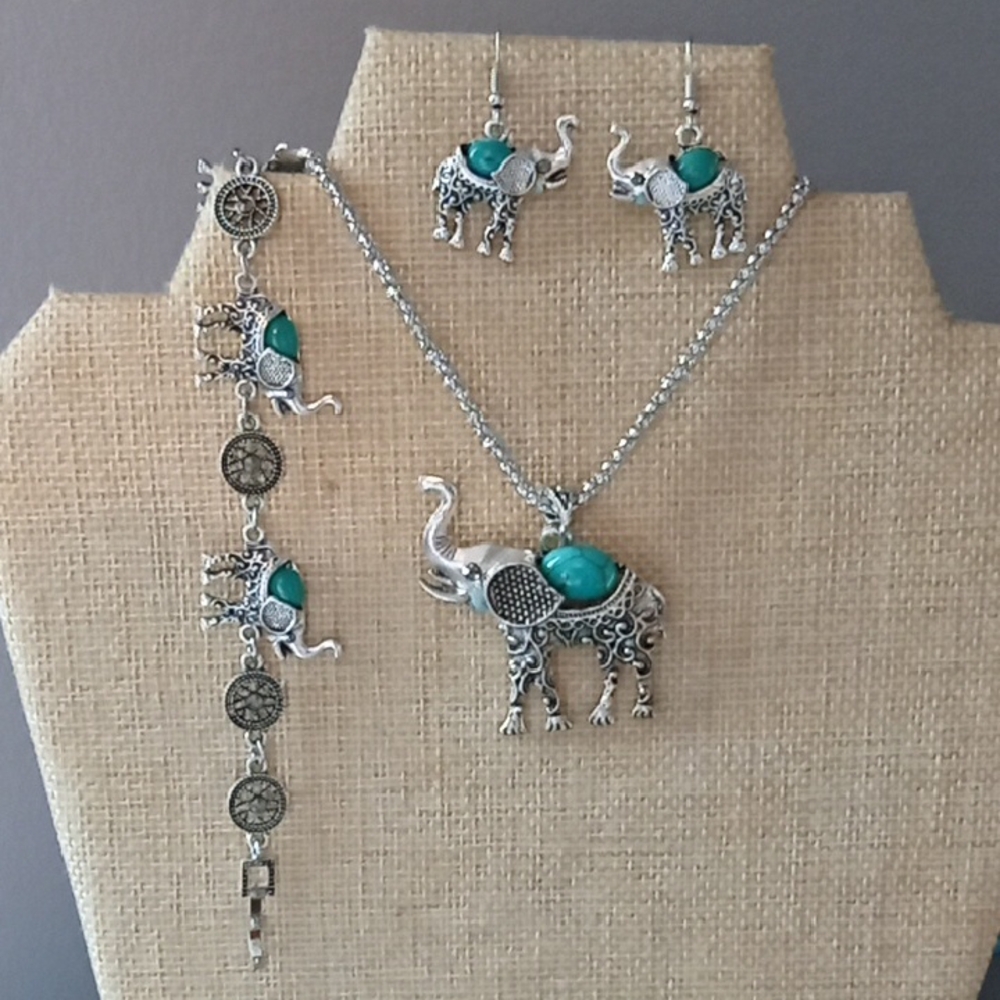 Elephant Jewelry Set with Turquoise Accents